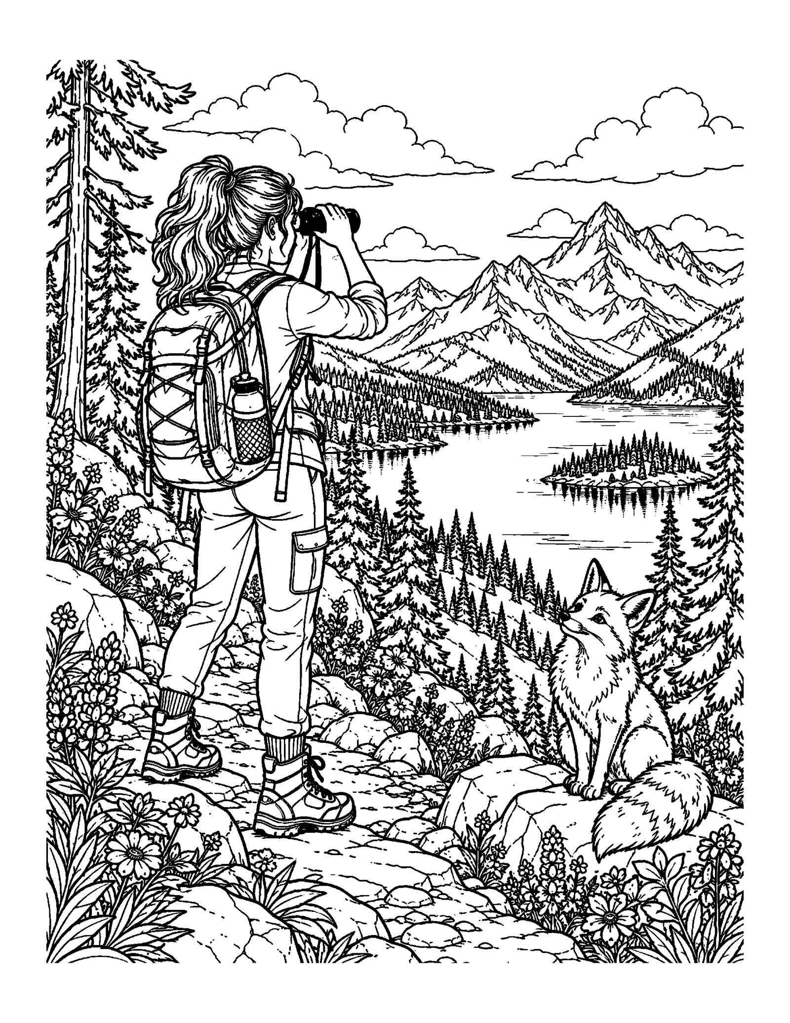 Coloring pages for teens showing a hiker on a mountain trail