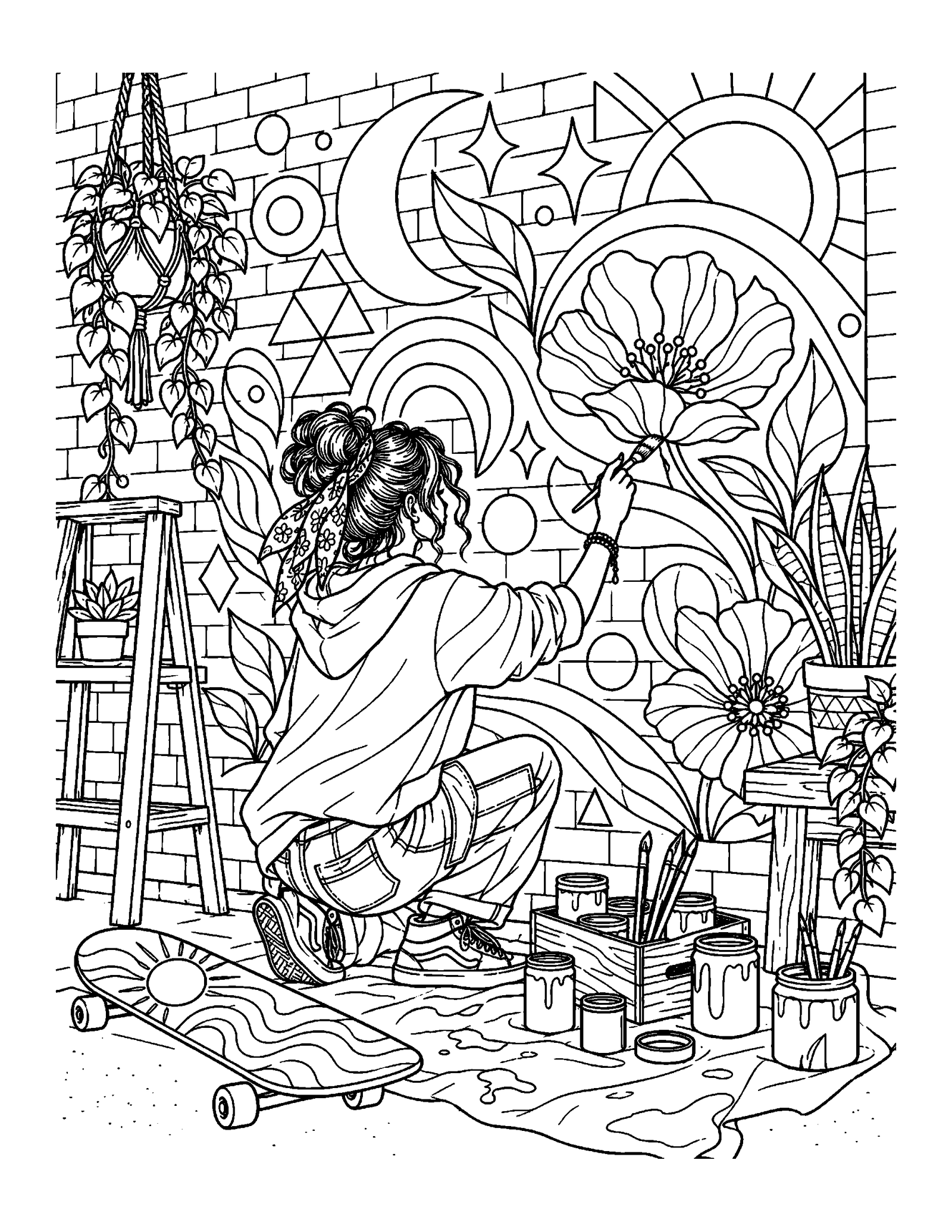 Coloring pages for teens featuring a teen painting a large mural