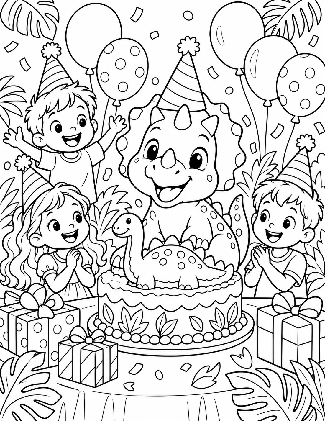 Happy birthday coloring pages showing children enjoying a star-shaped pinata