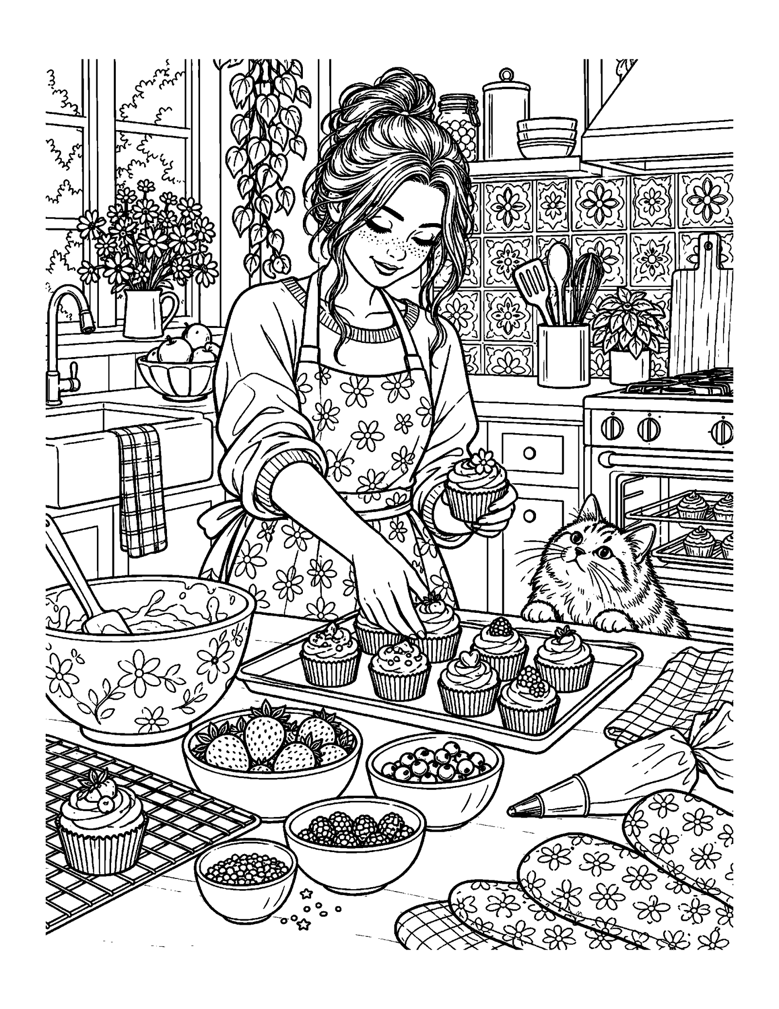 Coloring pages for teens with a teen baking cupcakes in a kitchen