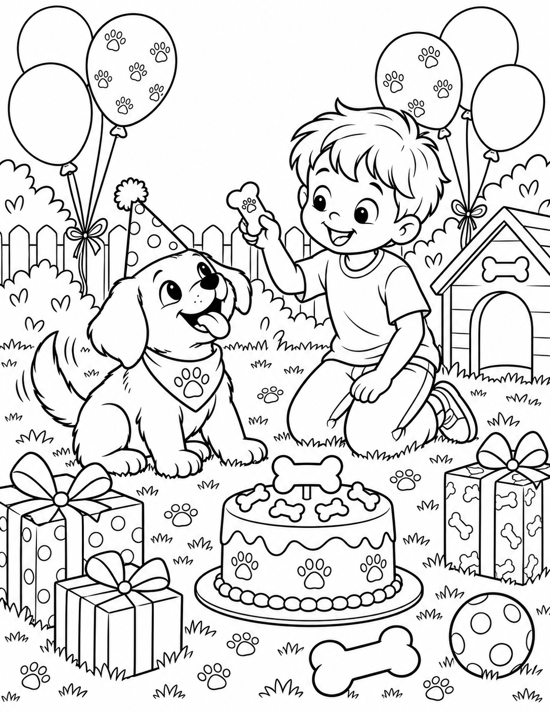Happy birthday coloring pages featuring a family picnic with cake and balloons