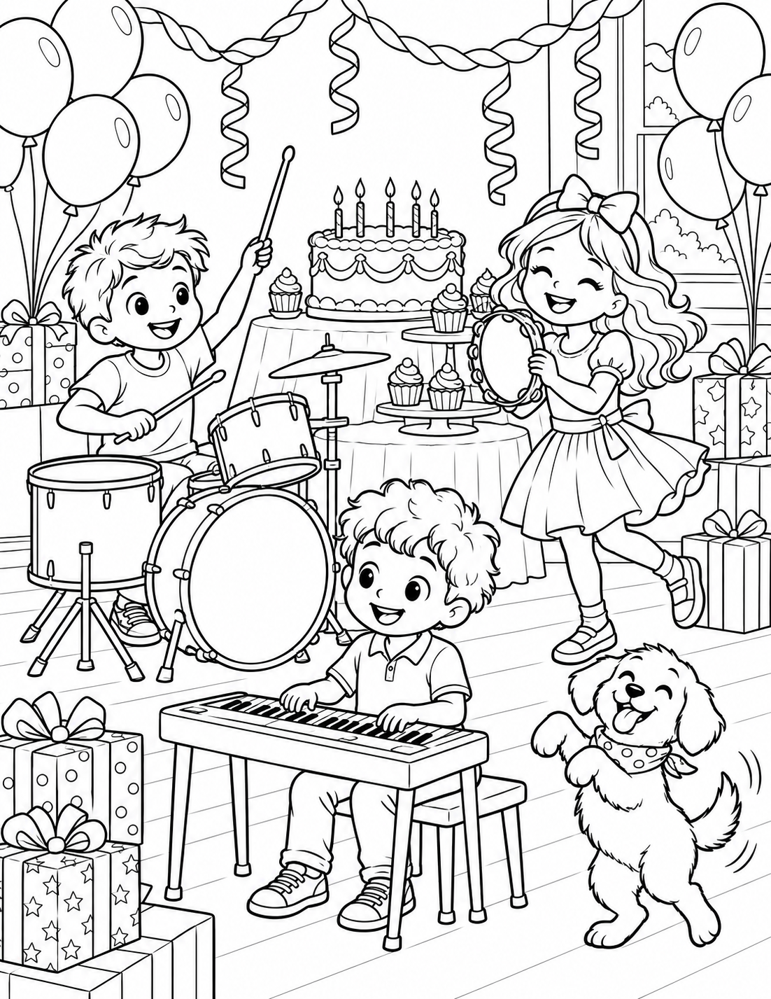 Happy birthday coloring pages with a child celebrating beside dinosaur toys