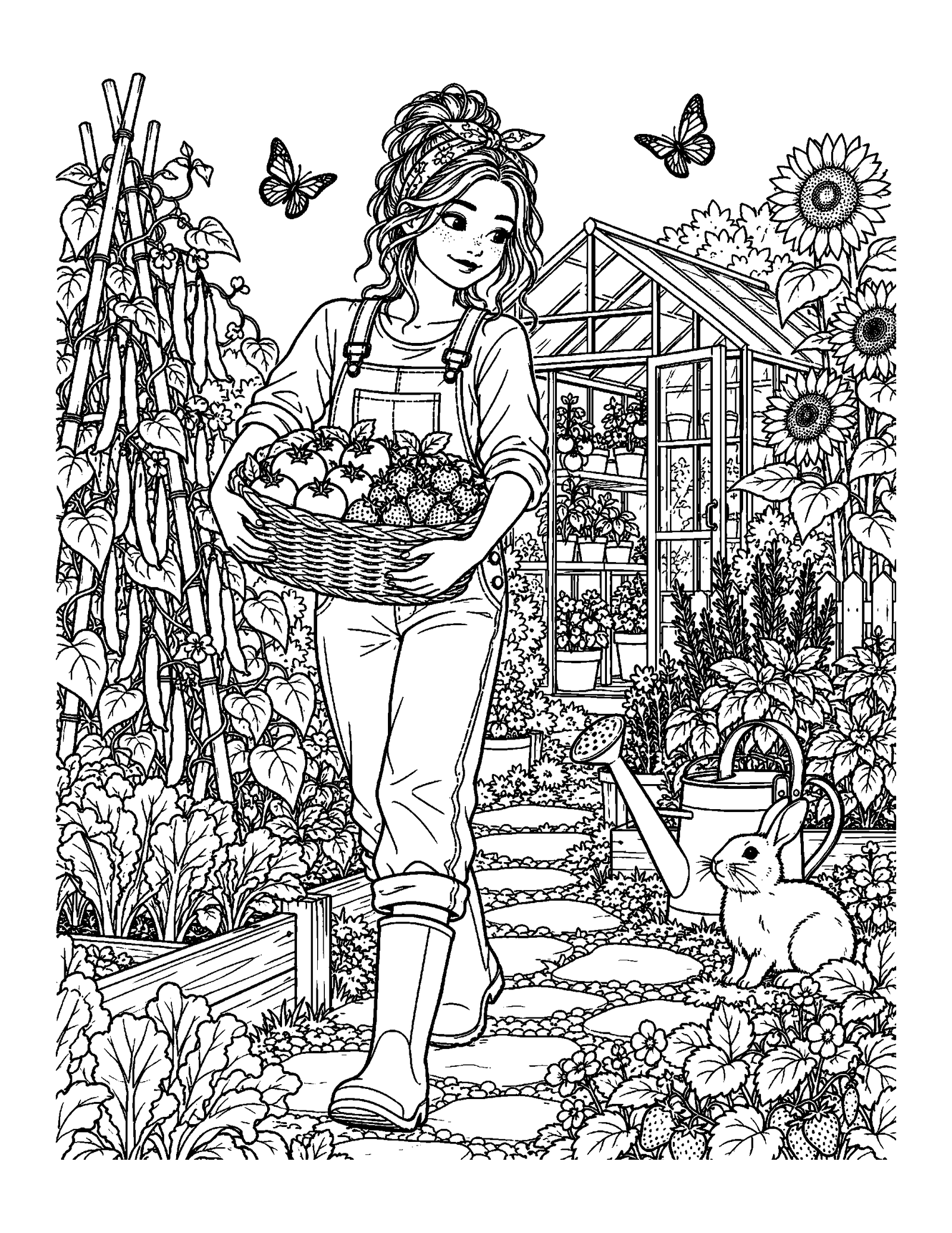 Coloring pages for teens showing a teen harvesting vegetables and fruit