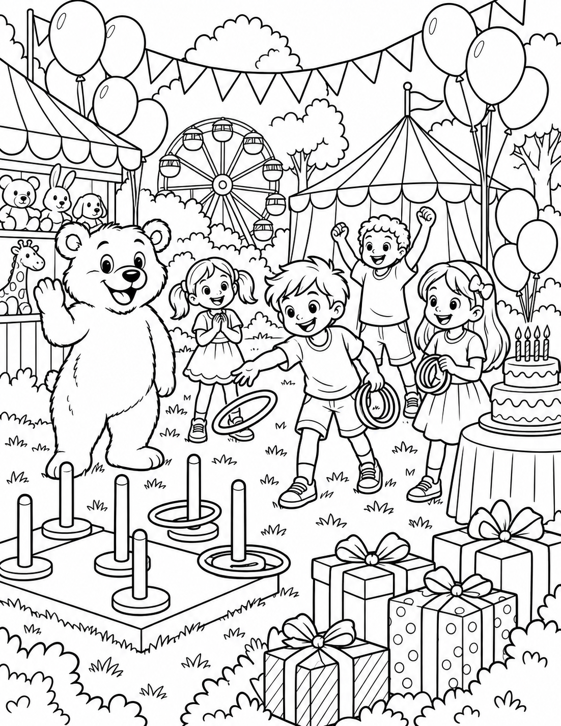Happy birthday coloring pages showing a child giving a treat to a puppy