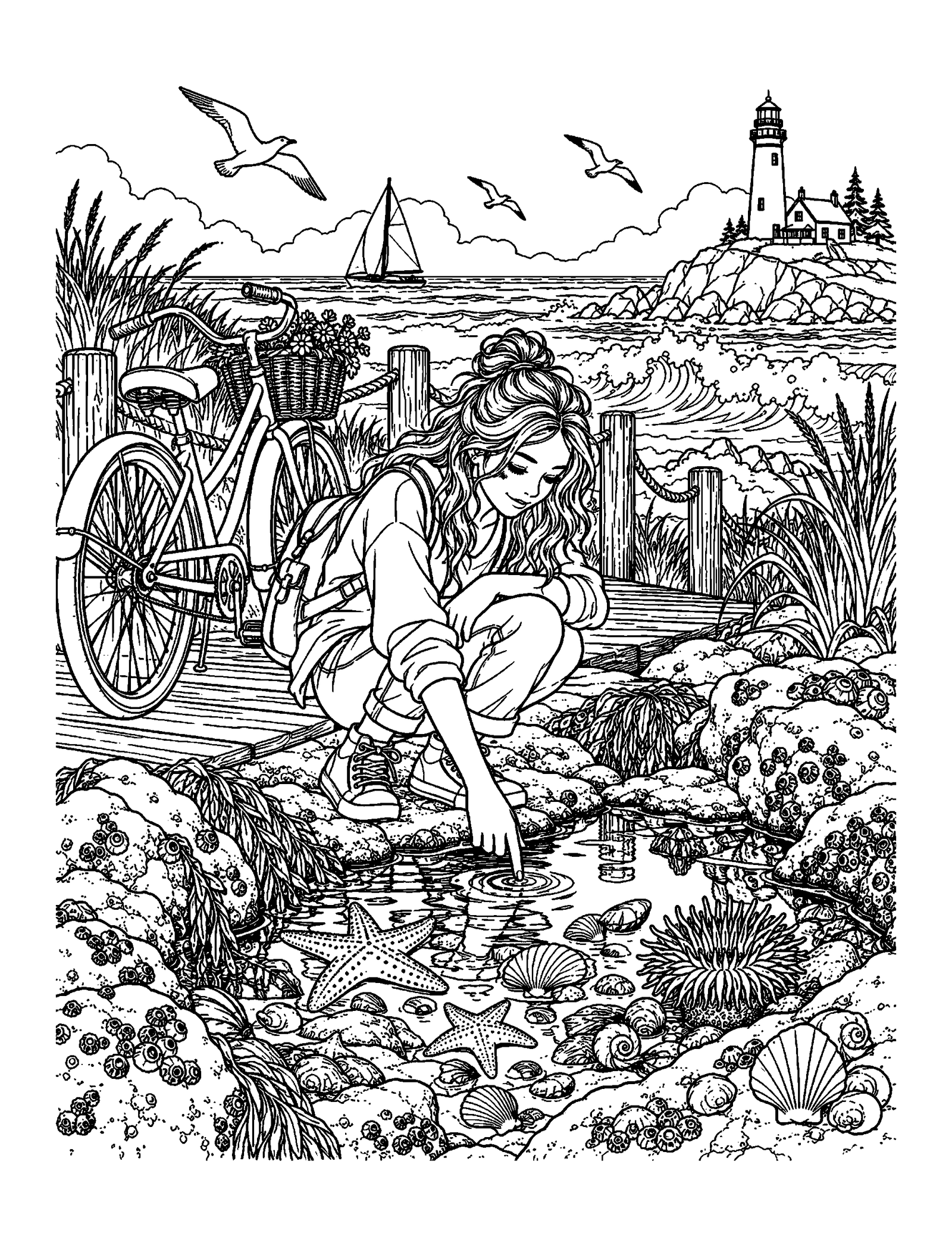 Coloring pages for teens featuring a teen at a seaside boardwalk