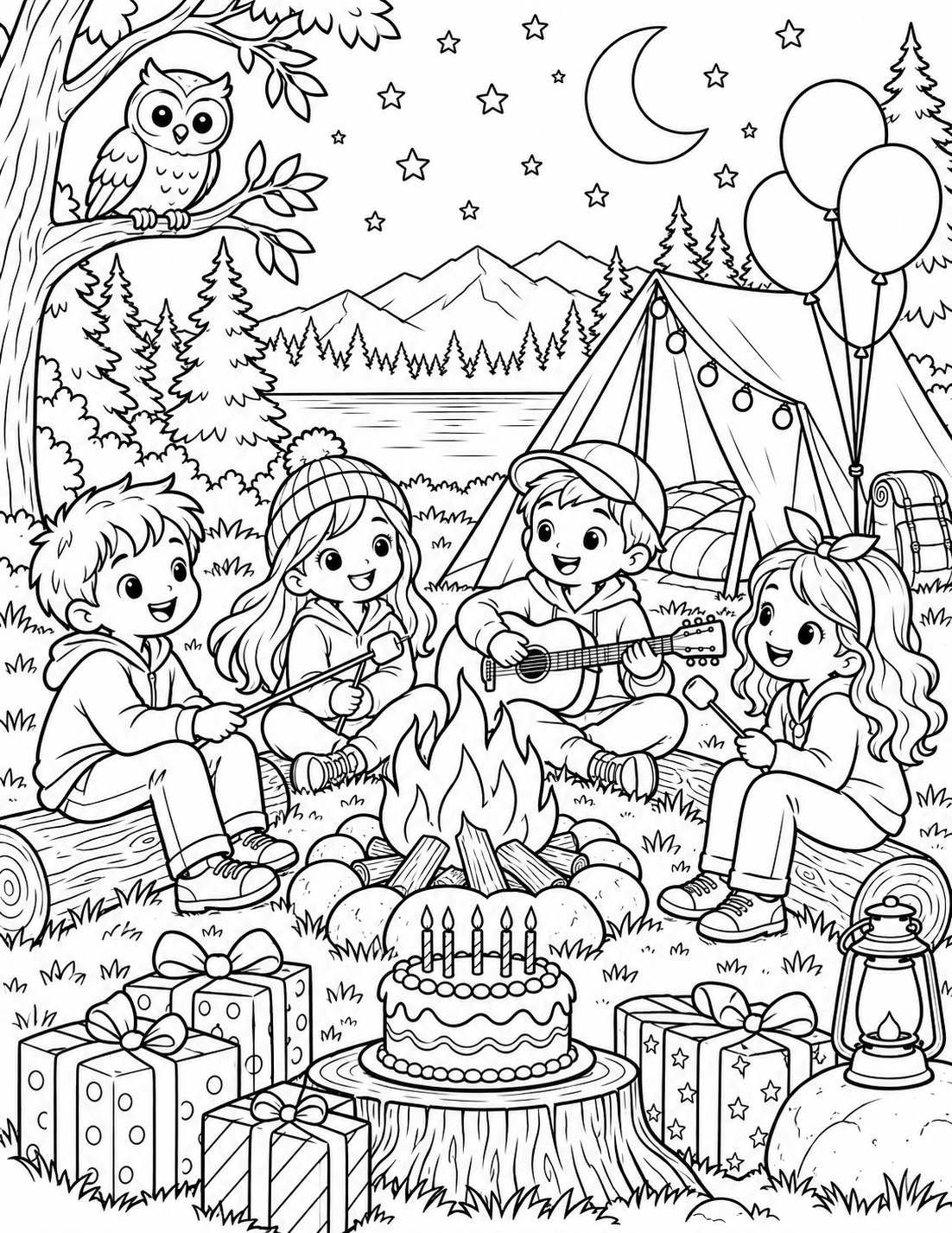 Happy birthday coloring pages featuring children playing drums and keyboard