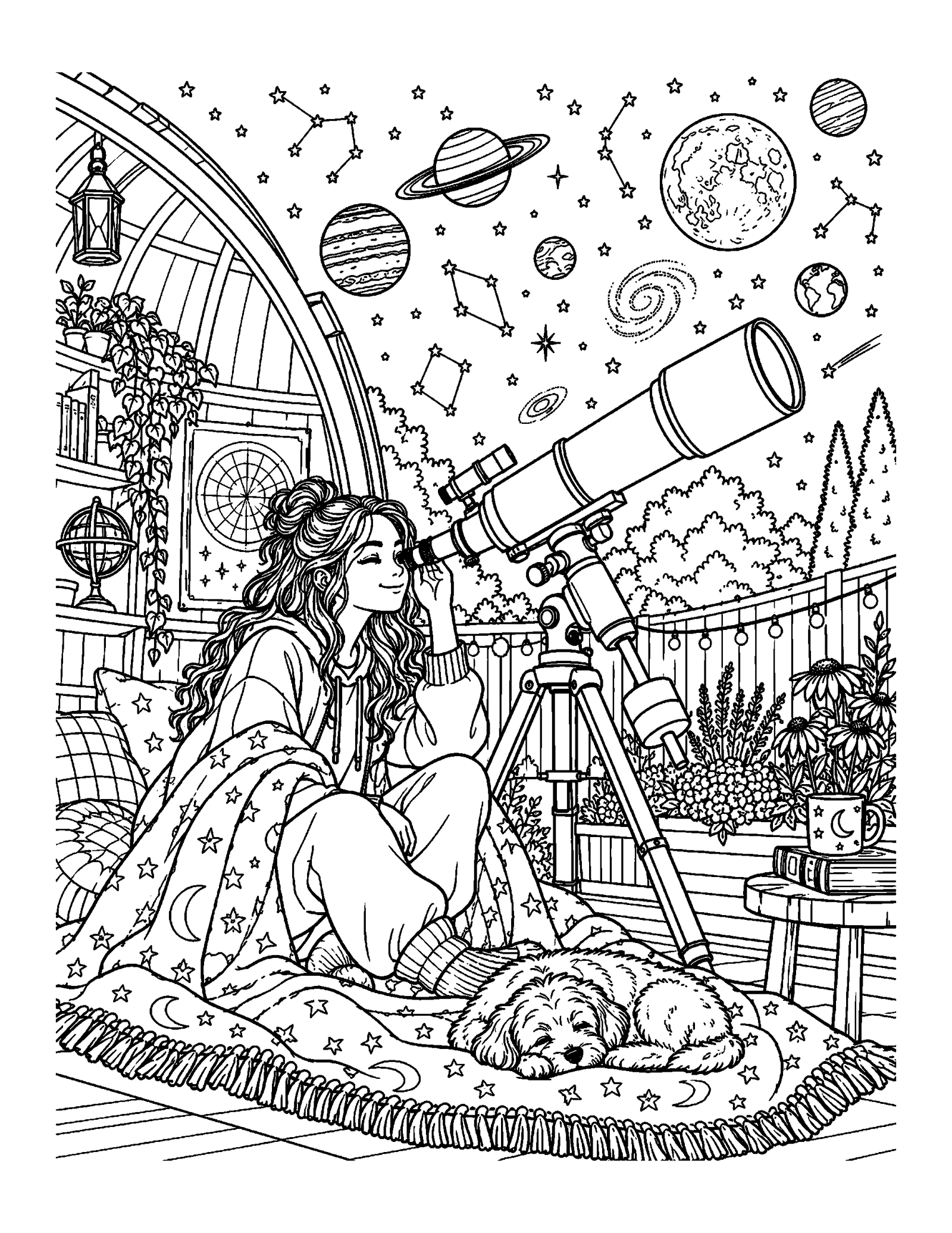 Coloring pages for teens showing a teen using a telescope at night