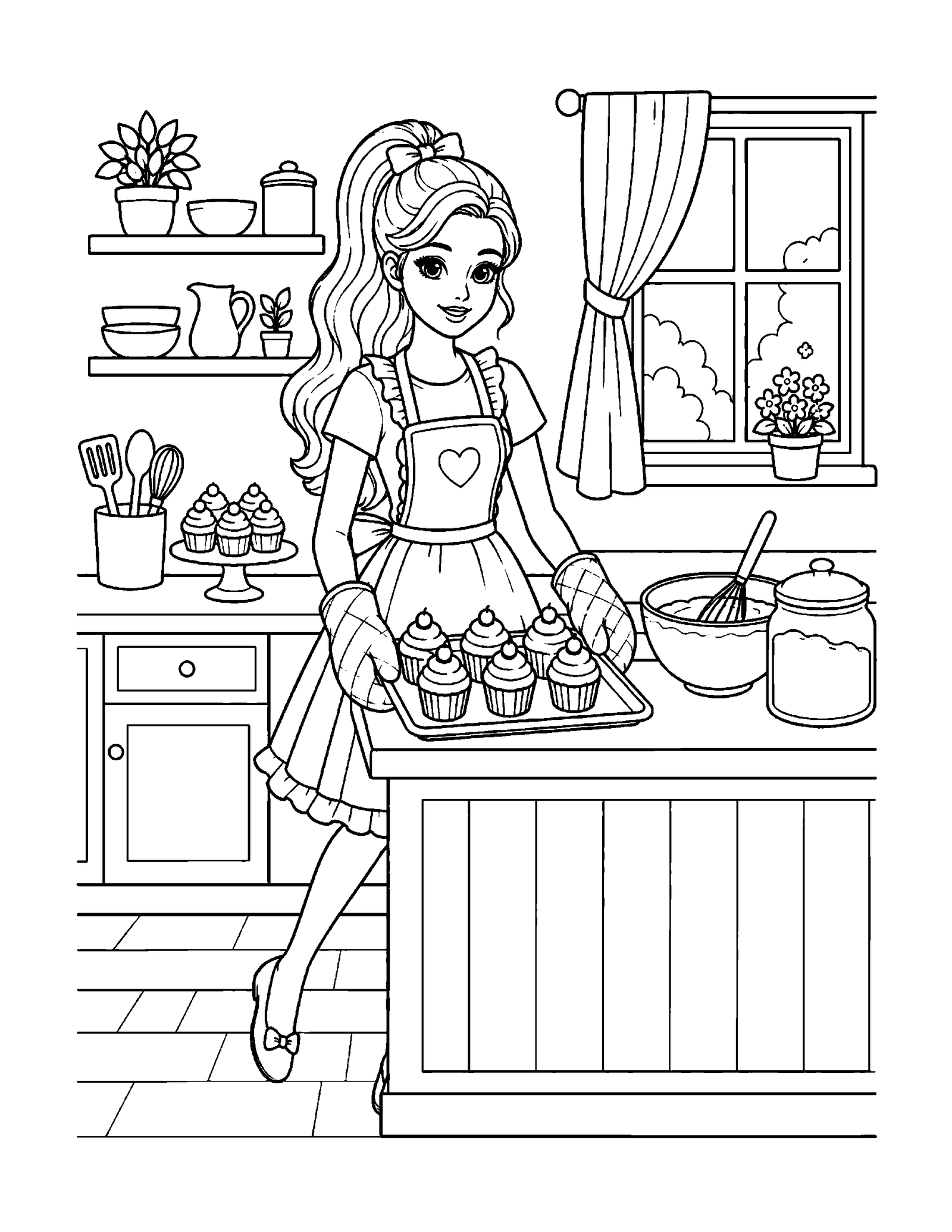 Barbie coloring pages printable style cupcake baking scene