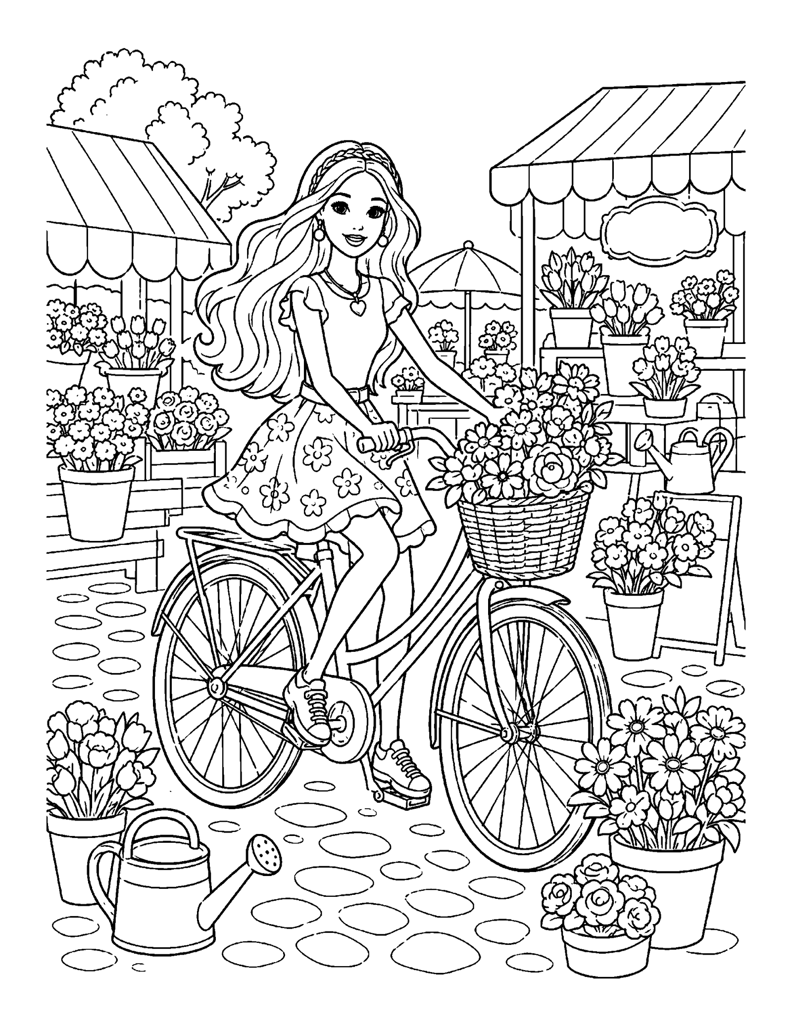 Barbie coloring pages printable style flower market bicycle ride