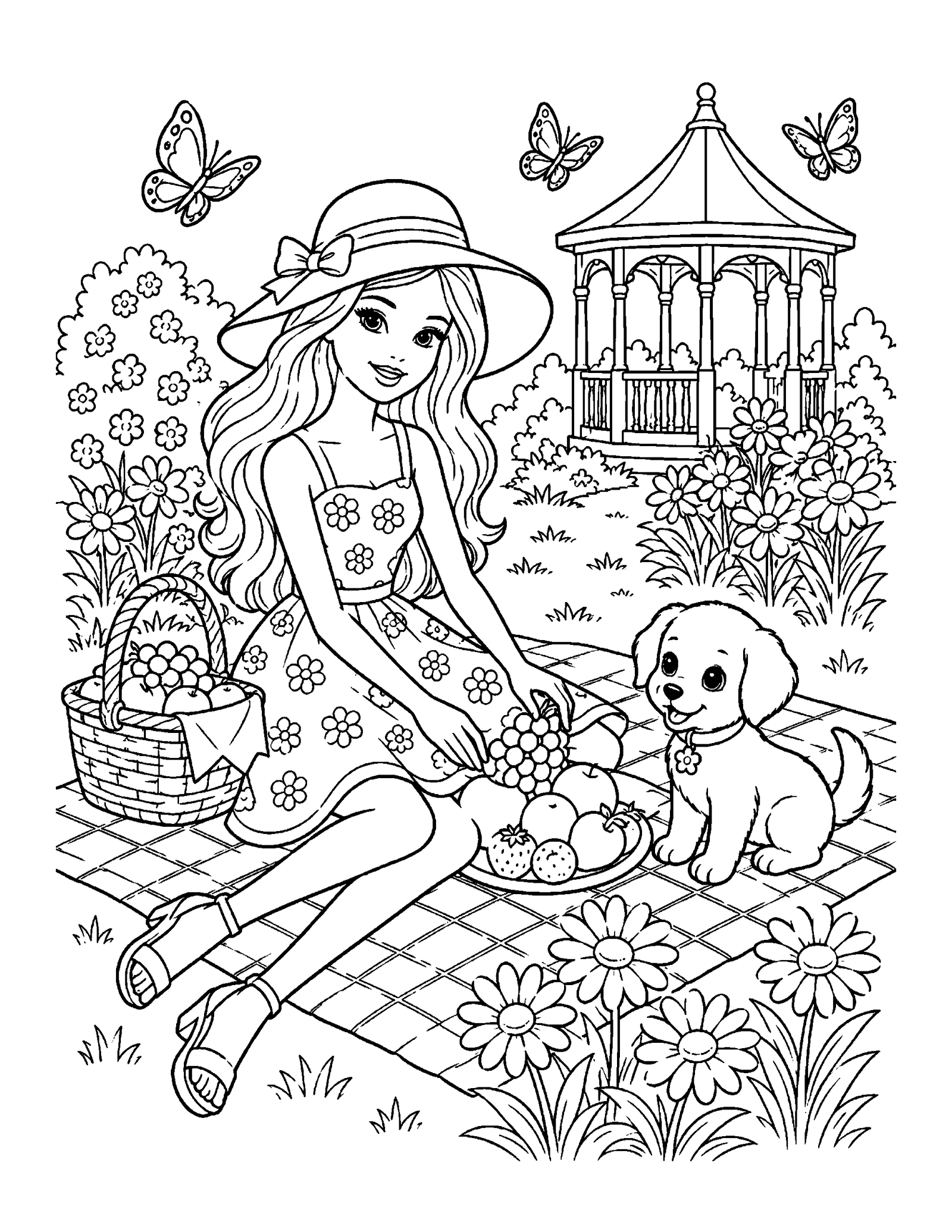 Barbie coloring pages printable style garden picnic scene