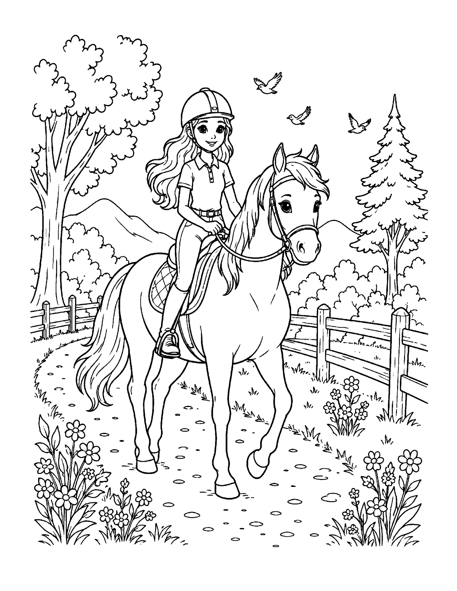 Barbie coloring pages printable style horseback riding trail