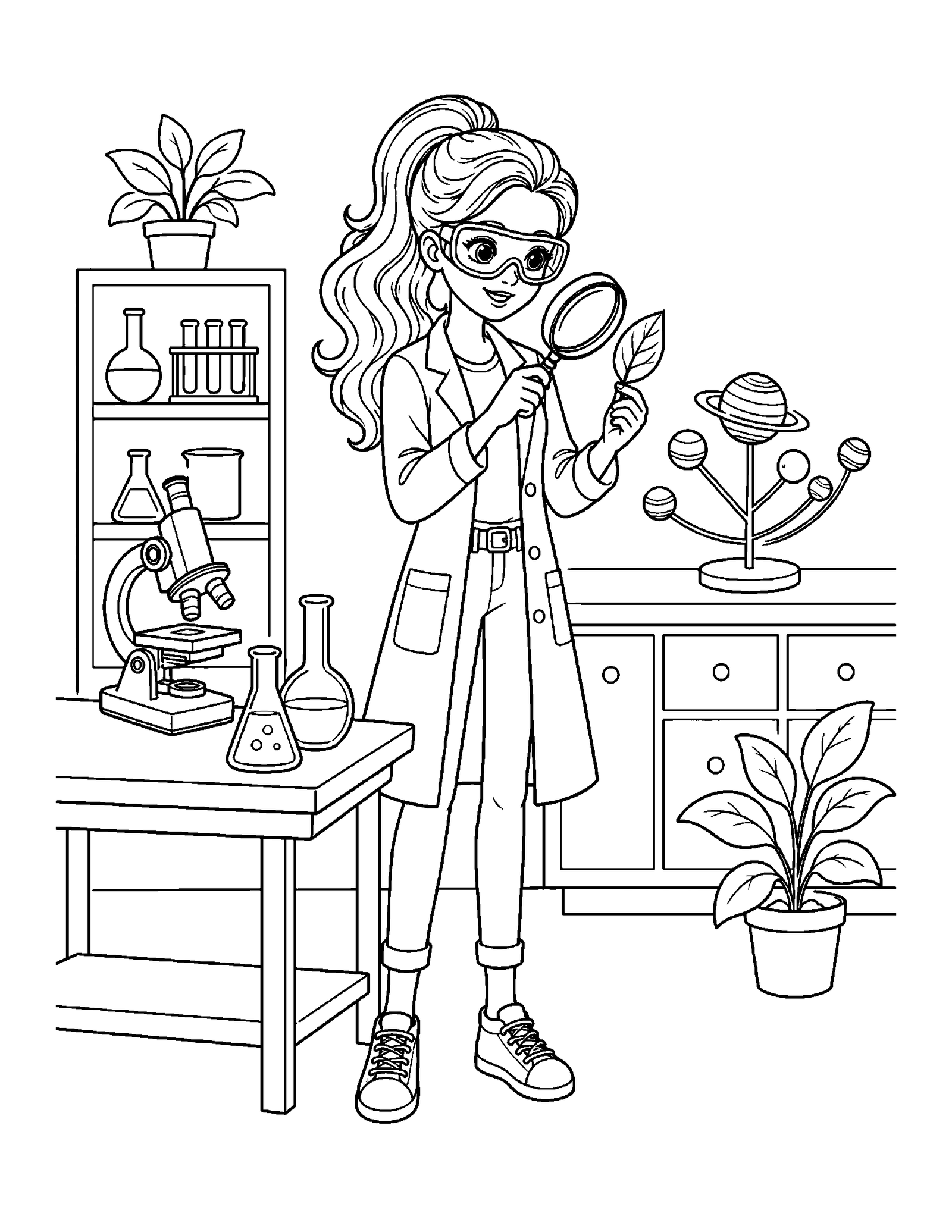 Barbie coloring pages printable style science laboratory scene
