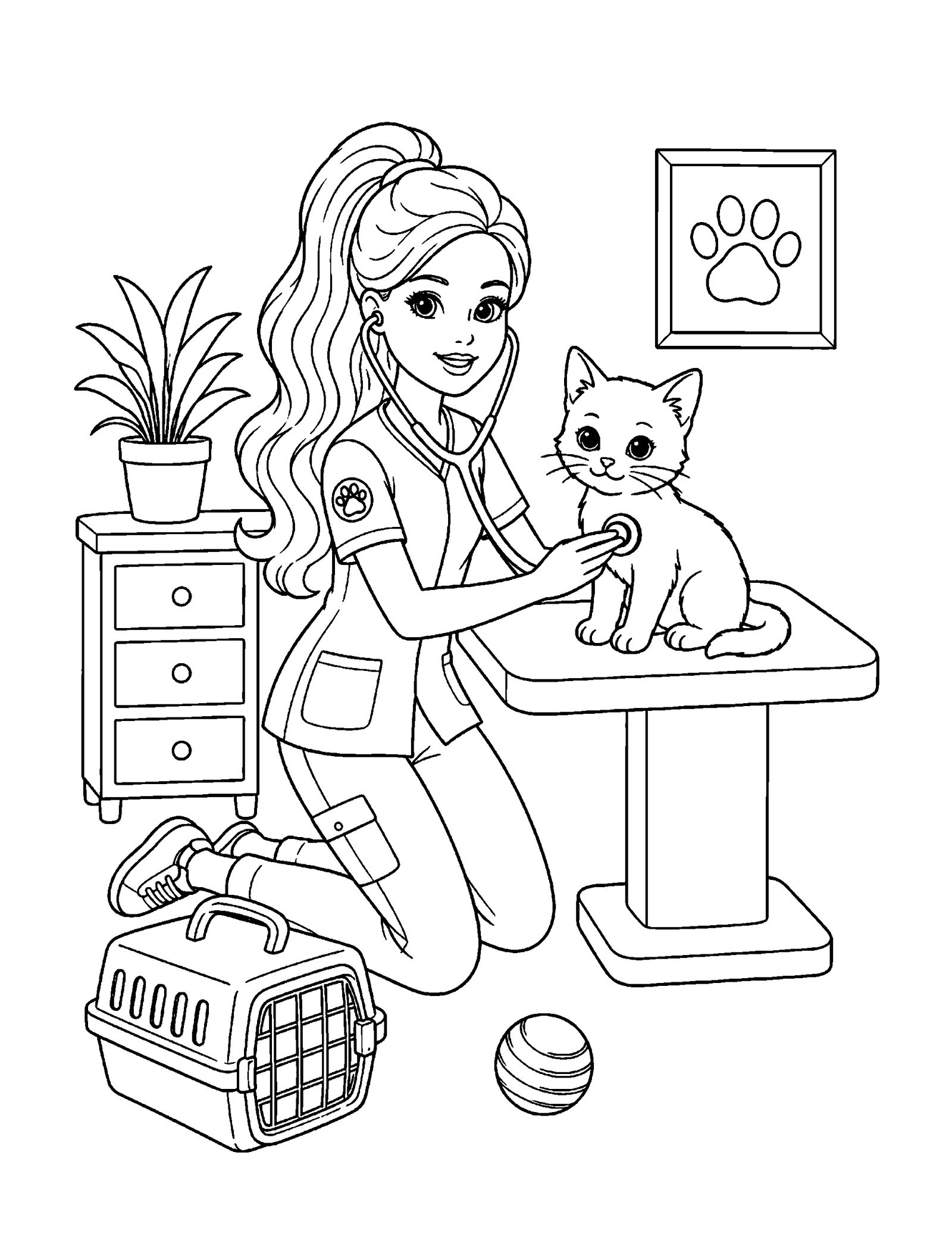 Barbie coloring pages printable style veterinarian with kitten