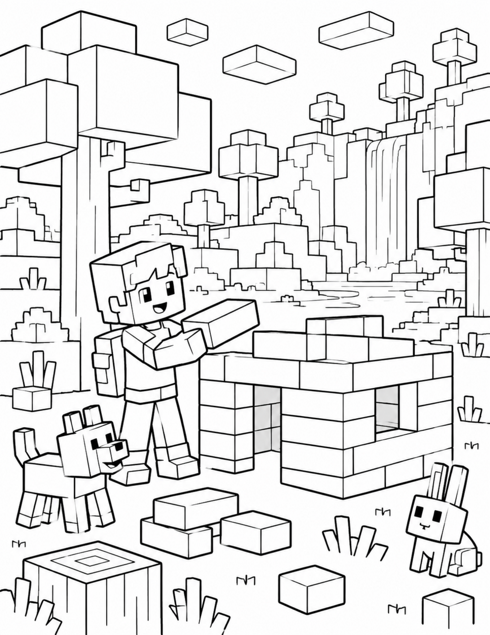 Minecraft coloring pages search result with an original block cabin building scene