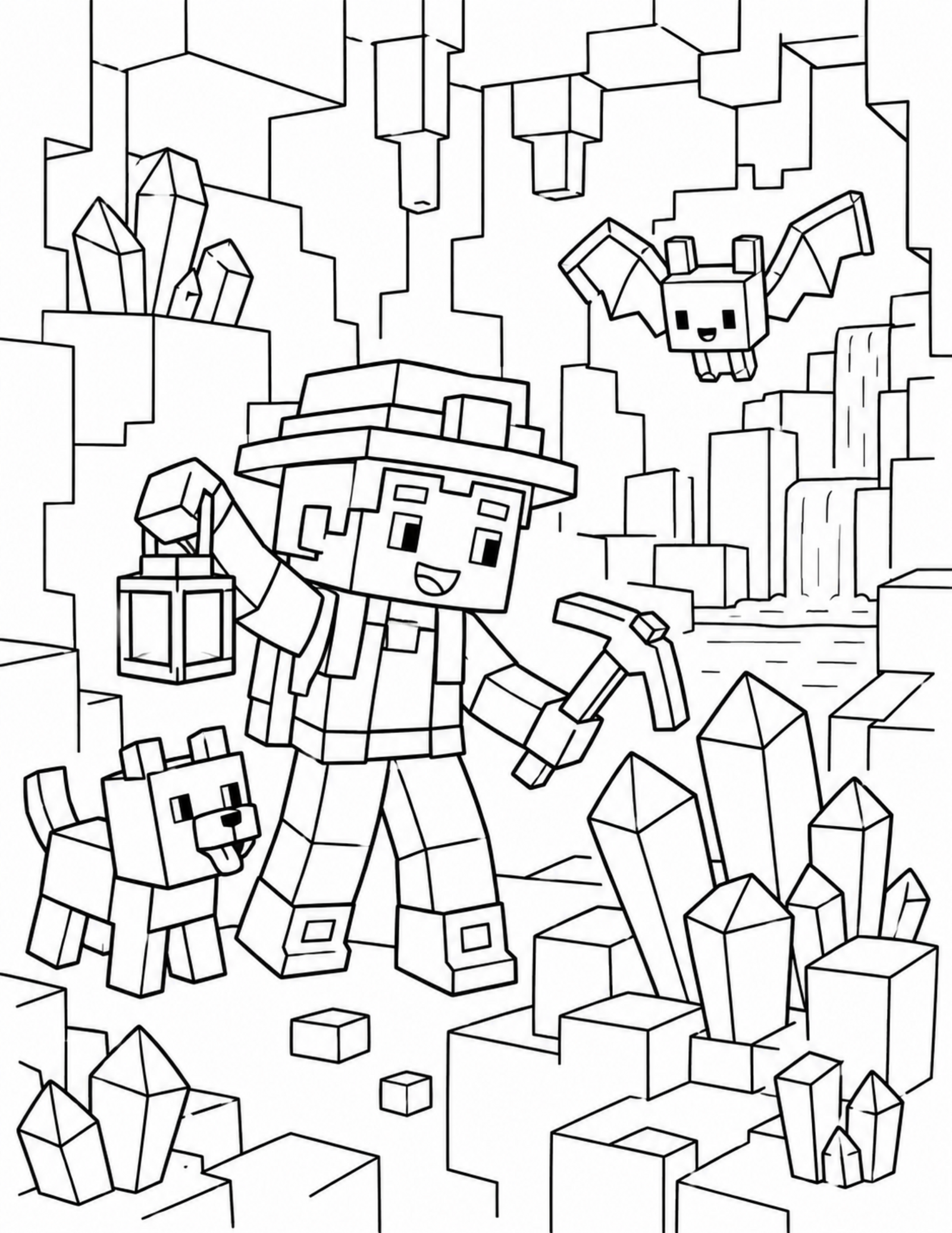 Minecraft coloring pages search result with an original crystal cave scene