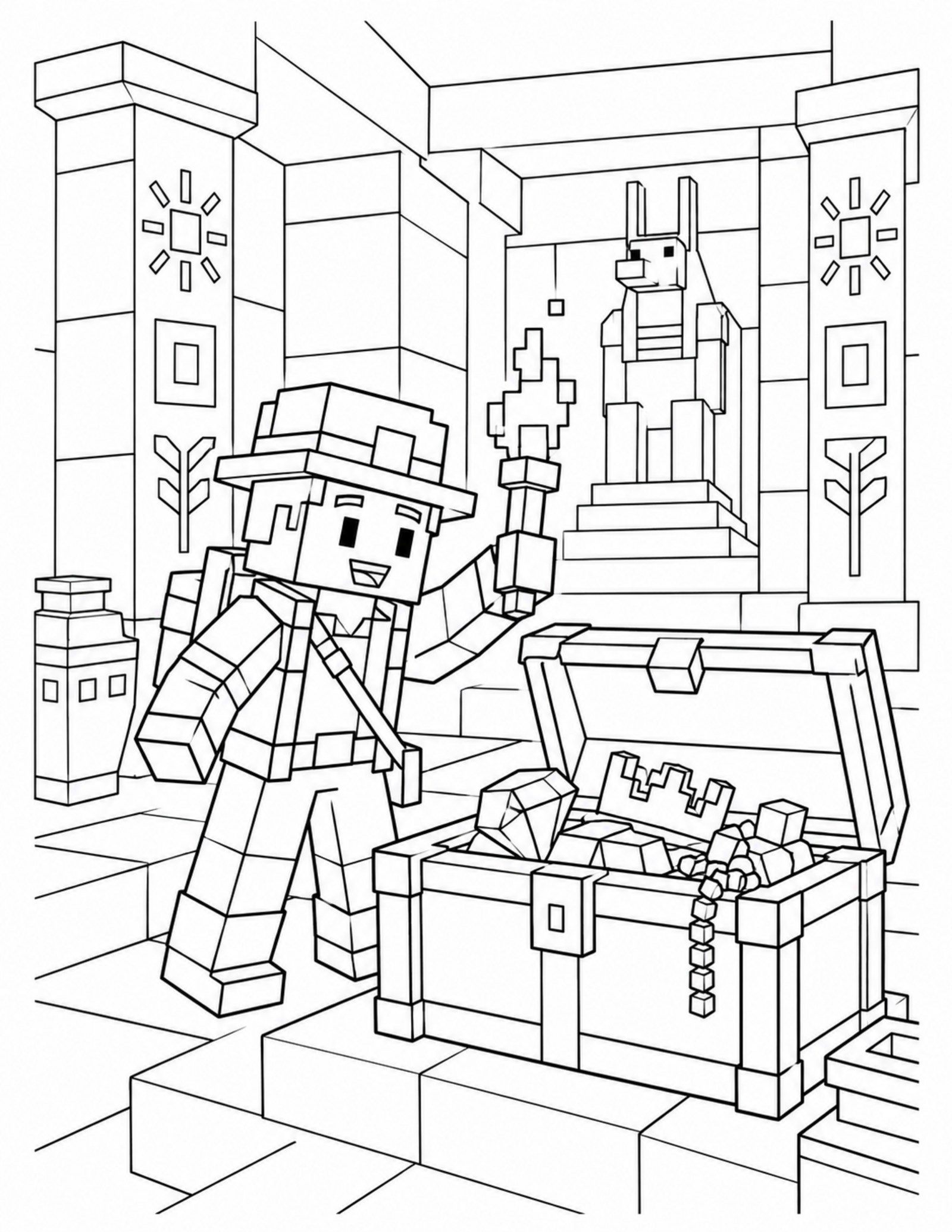Minecraft coloring pages search result with an original desert treasure scene