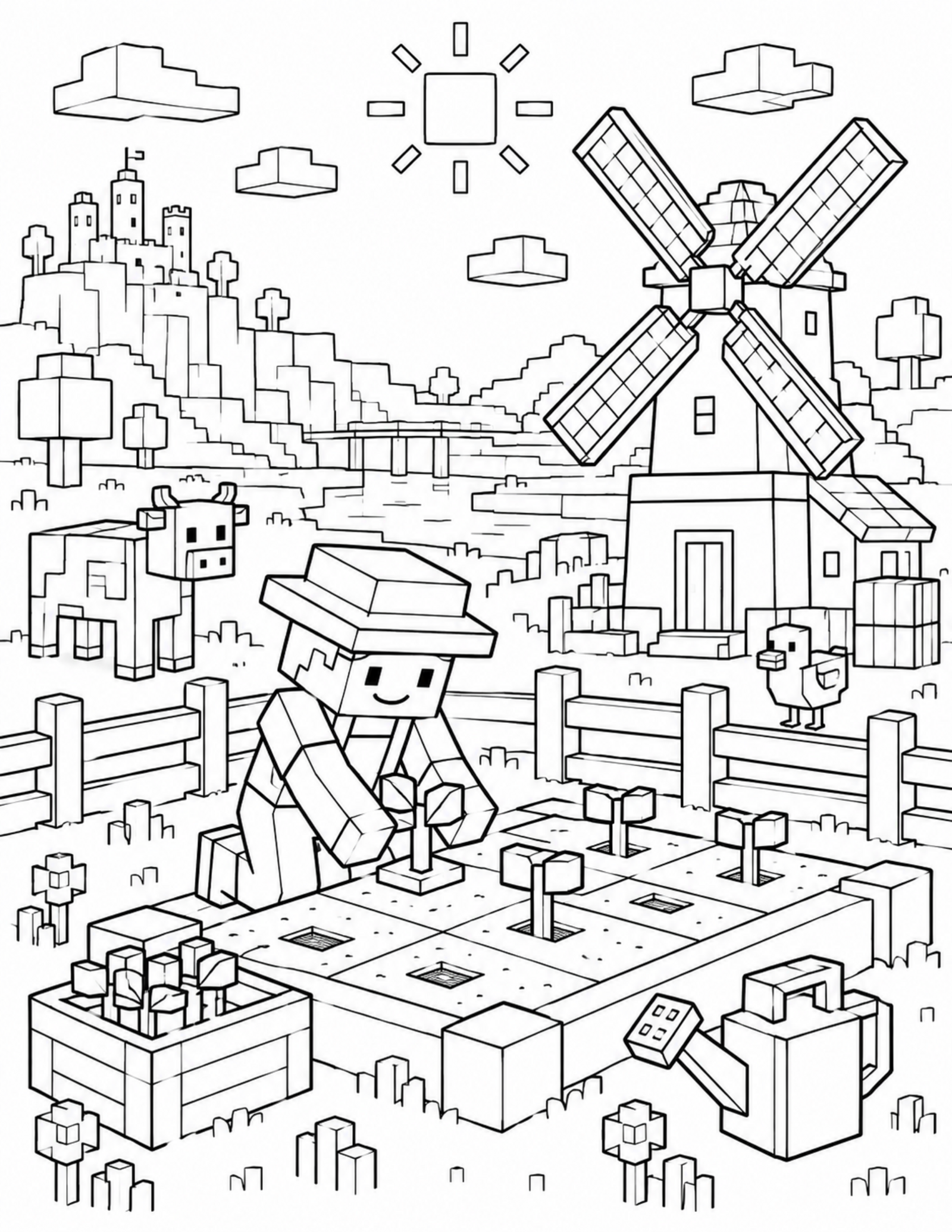 Minecraft coloring pages search result with an original block garden scene