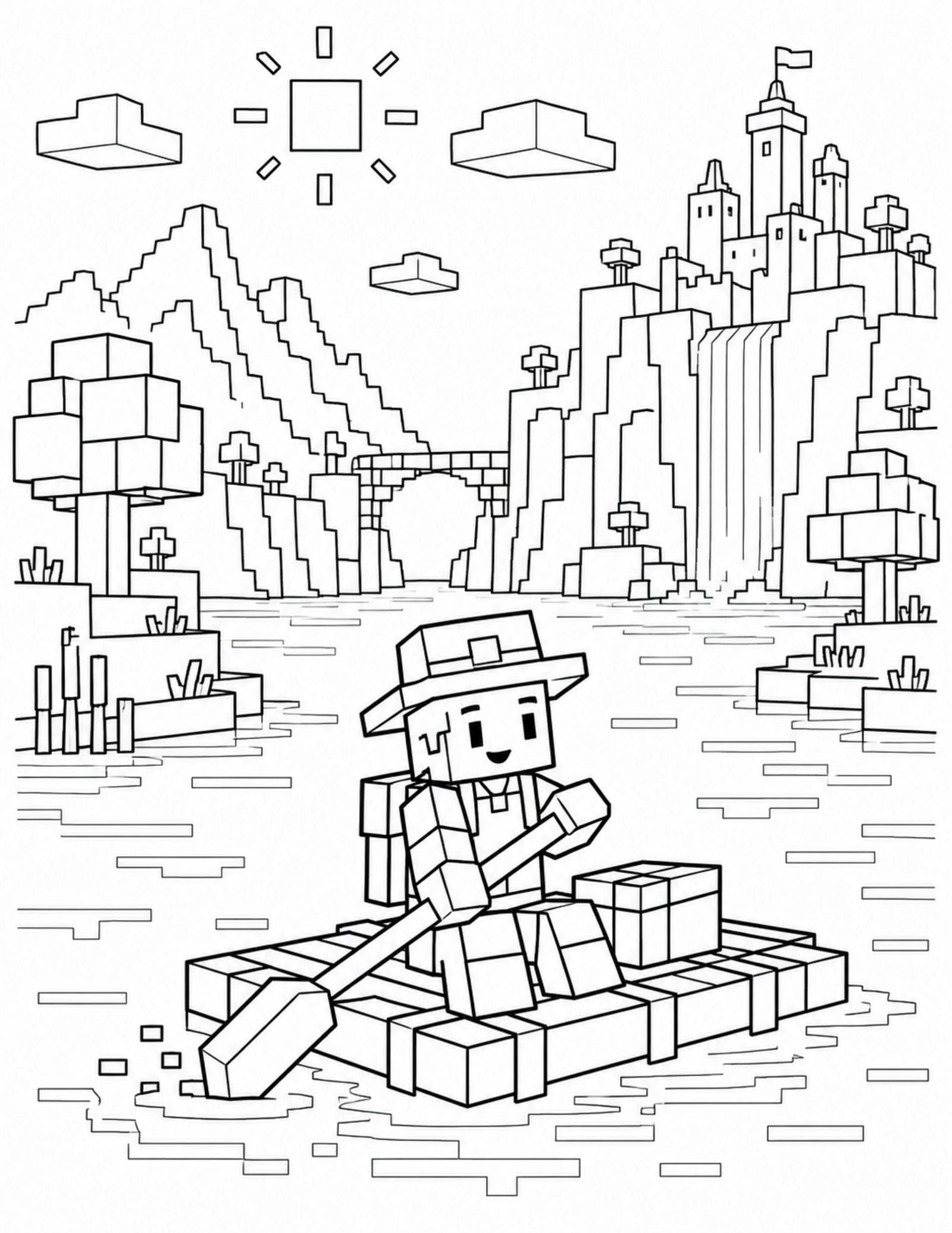 Minecraft coloring pages search result with an original block raft scene