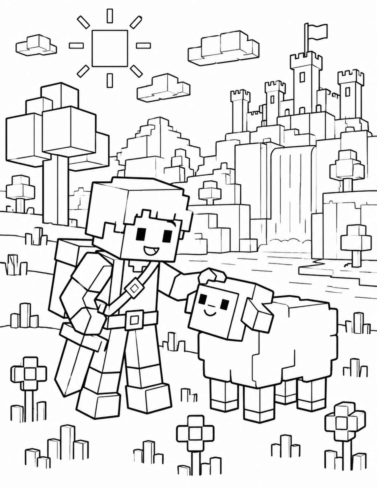 Minecraft coloring pages search result with an original block sheep scene