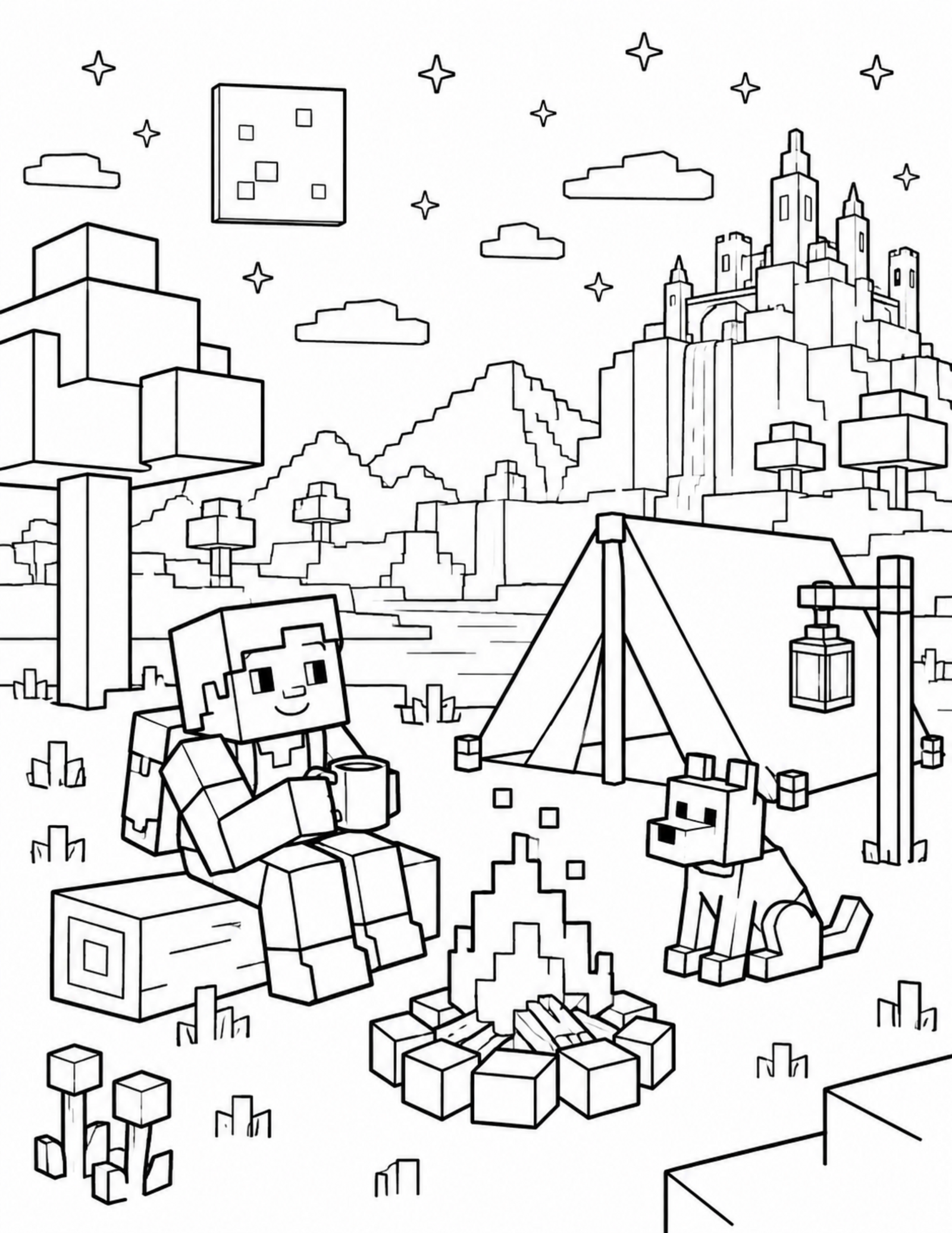Minecraft coloring pages search result with an original block camping scene
