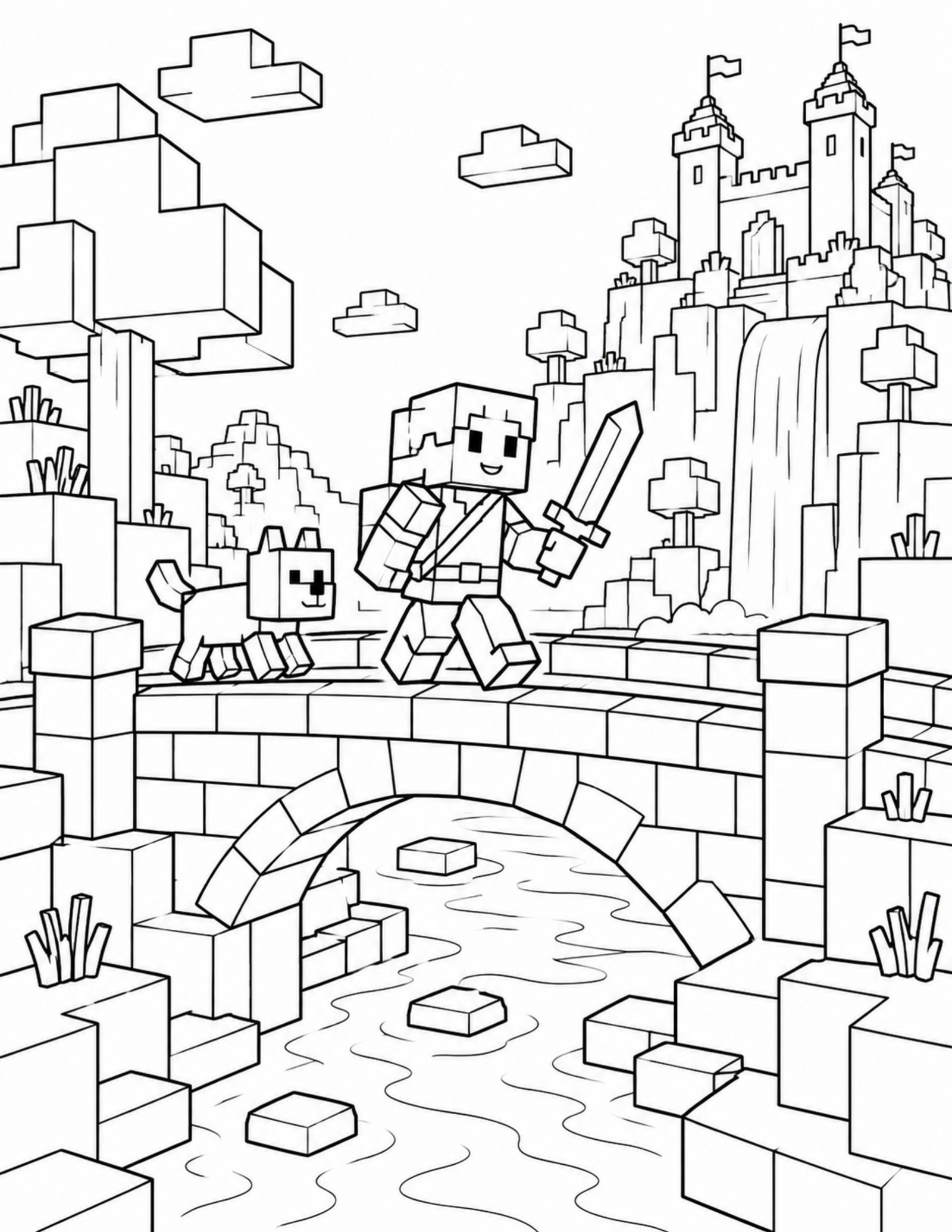 Minecraft coloring pages search result with an original block bridge scene