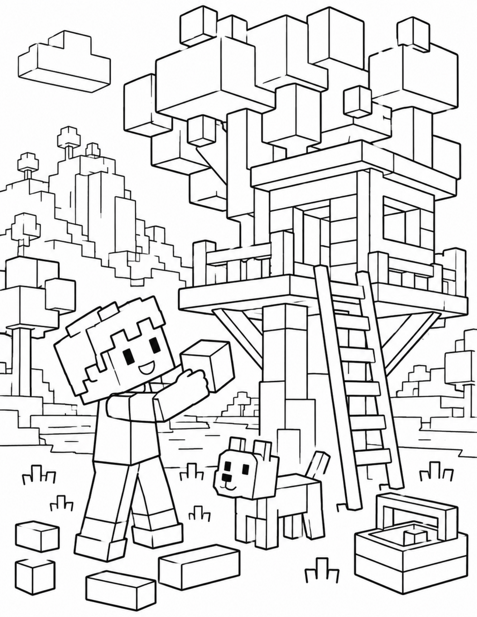 Minecraft coloring pages search result with an original block treehouse scene