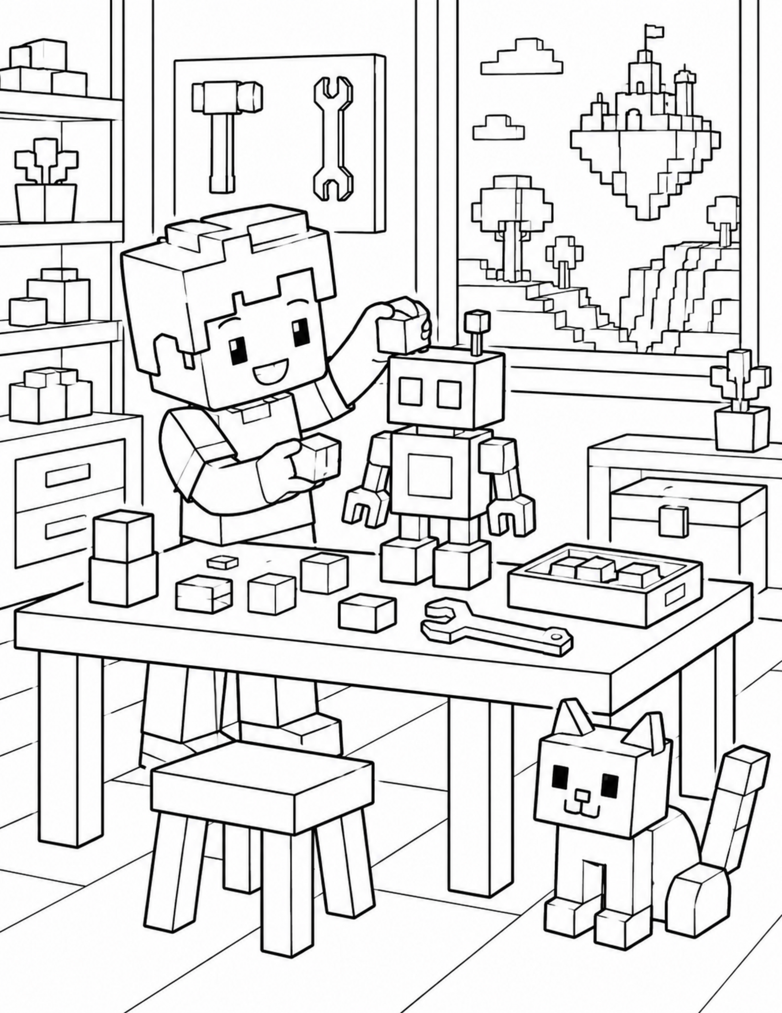 Minecraft coloring pages search result with an original block robot scene