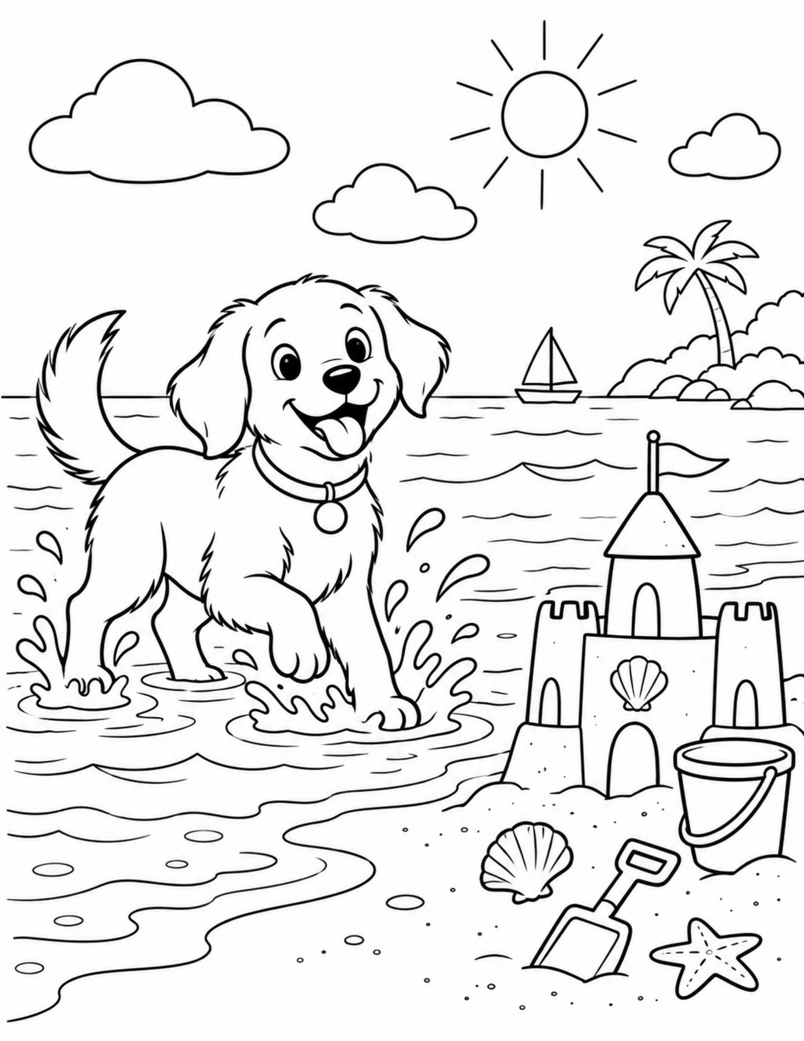 Dog coloring pages printable of a dog splashing at the beach
