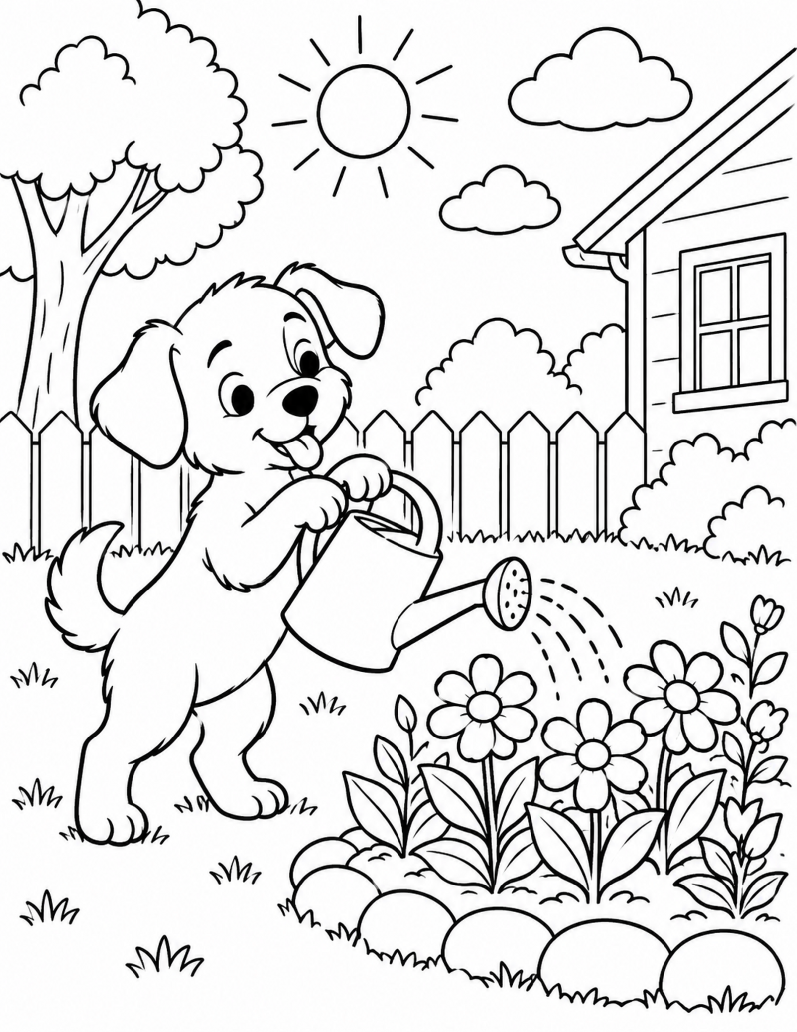 Dog coloring pages printable of a dog helping in a garden