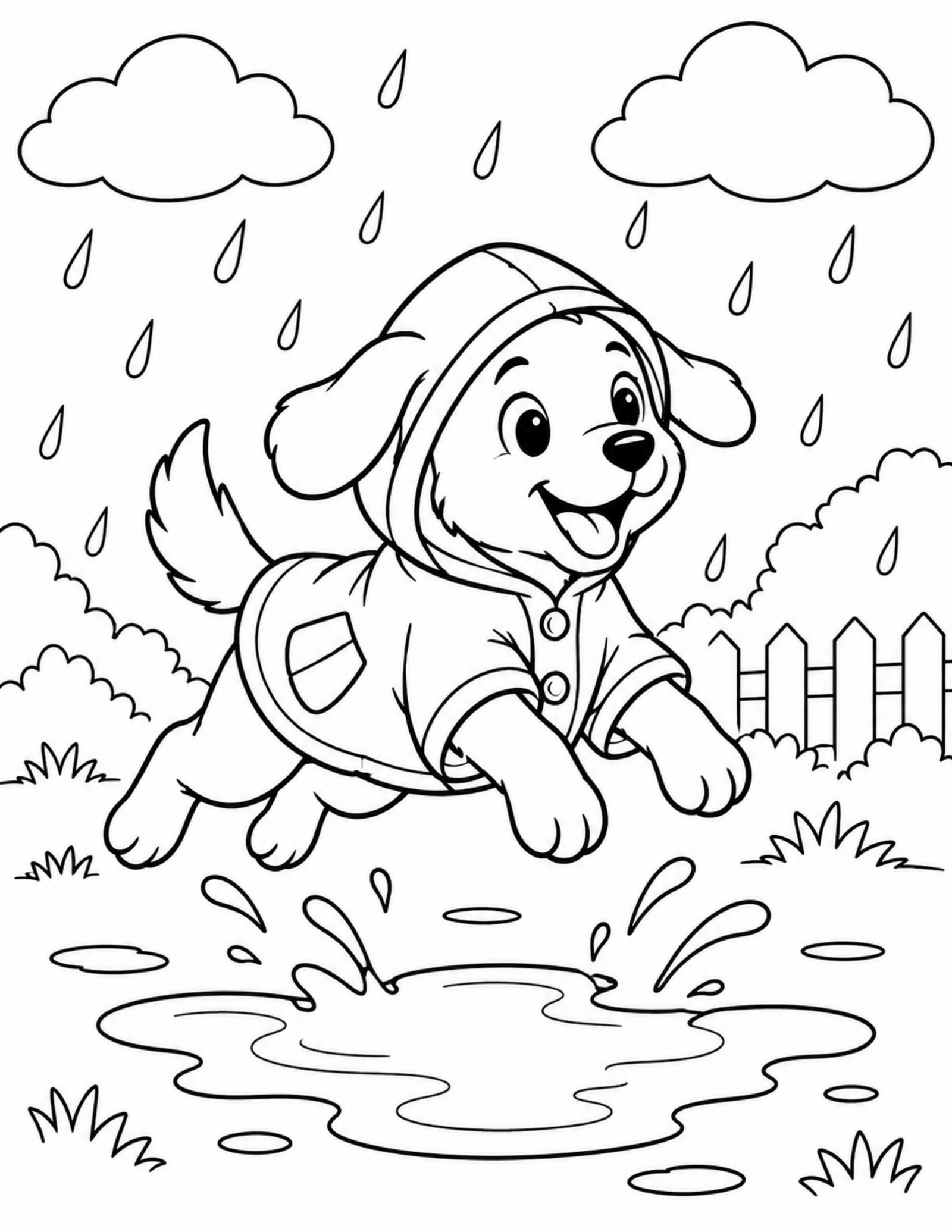 Dog coloring pages printable of a dog jumping over a puddle
