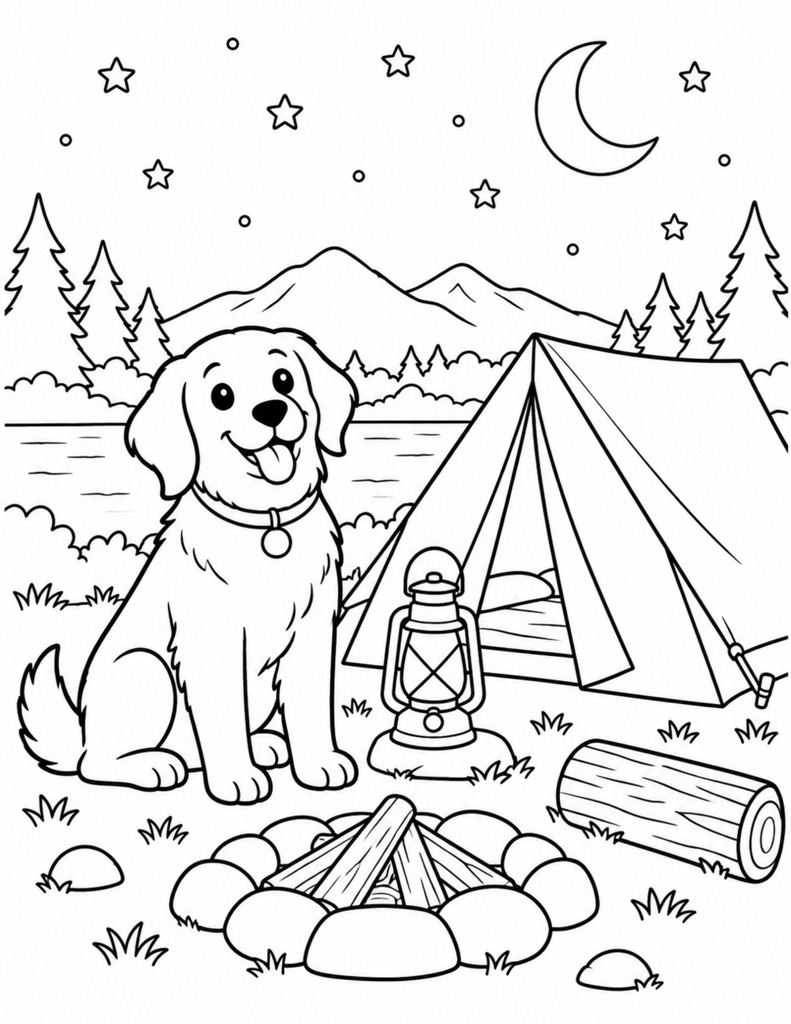 Dog coloring pages printable of a dog camping by a tent