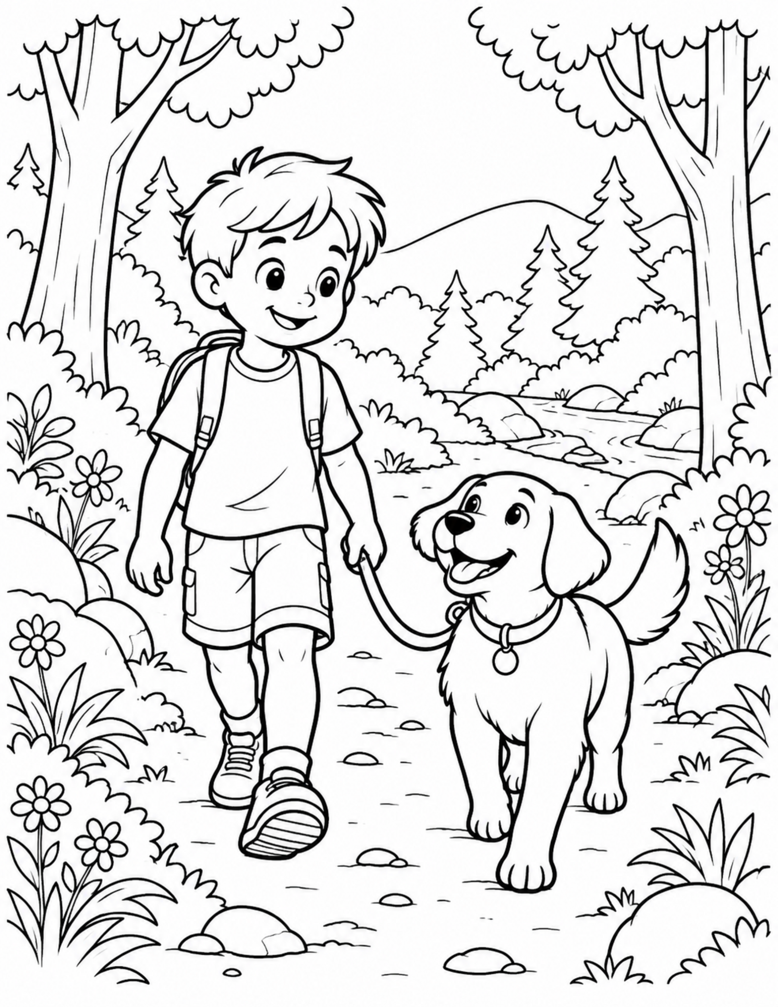 Dog coloring pages printable of a dog walking on a woodland trail