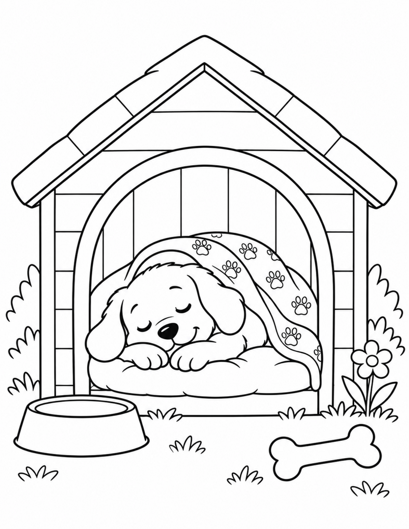 Dog coloring pages printable of a dog resting in a doghouse