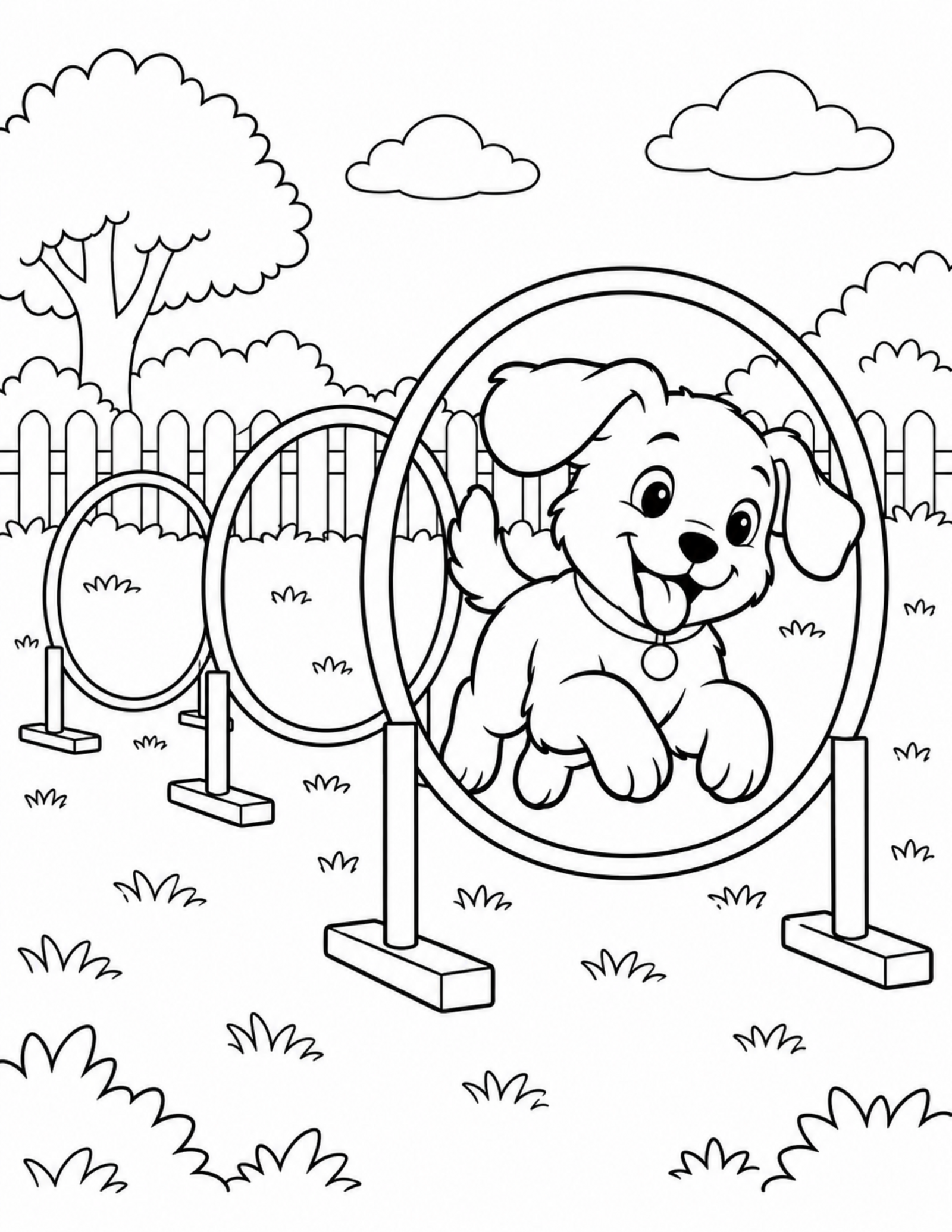 Dog coloring pages printable of a puppy learning agility