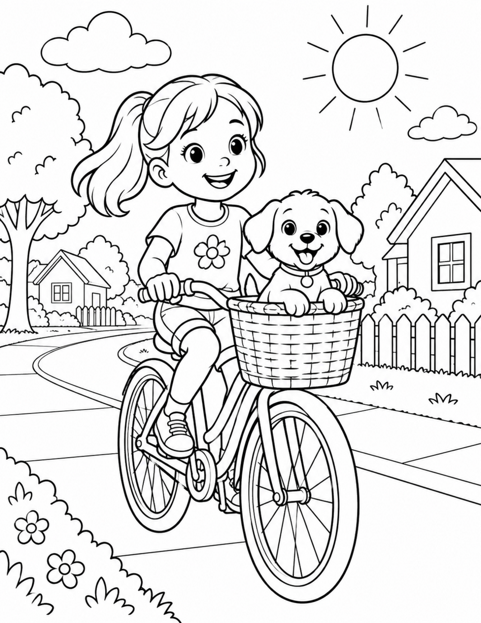 Dog coloring pages printable of a puppy riding in a basket