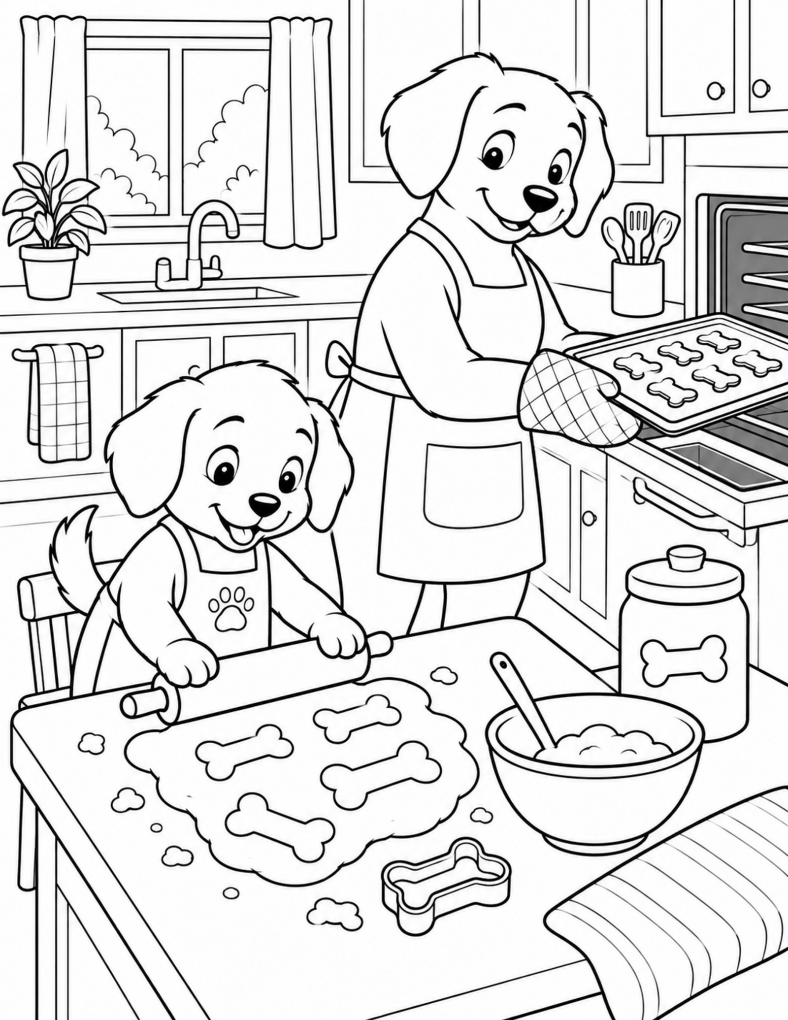 Dog coloring pages printable of a puppy baking dog biscuits