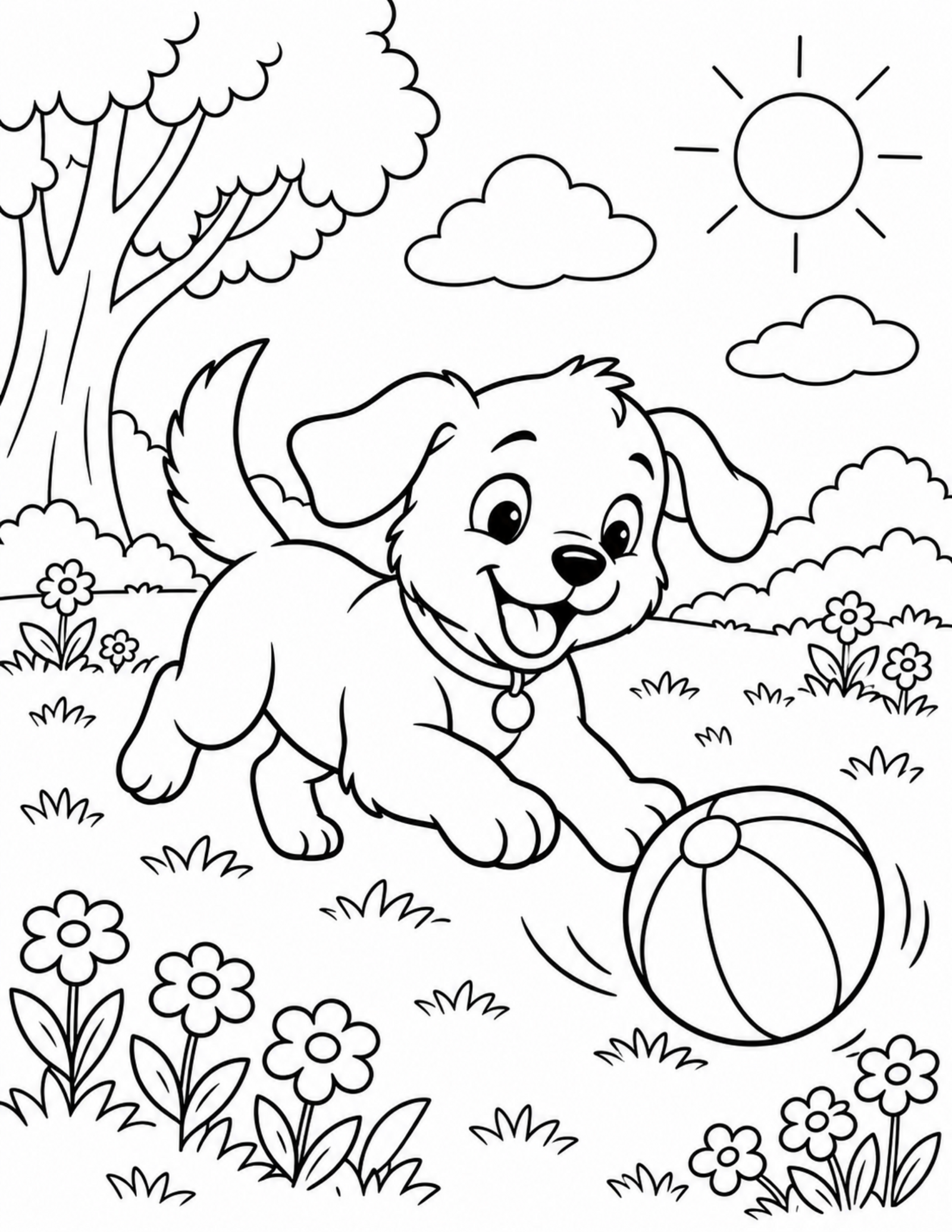 Dog coloring pages printable of a puppy chasing a ball