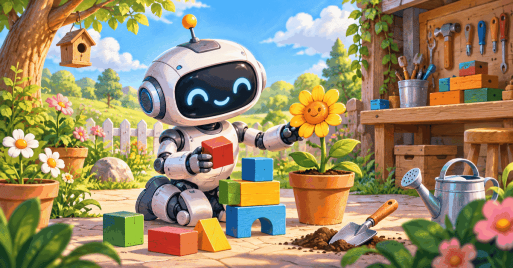 Robot colouring in pages feature image with an original friendly robot creating in a colorful garden workshop