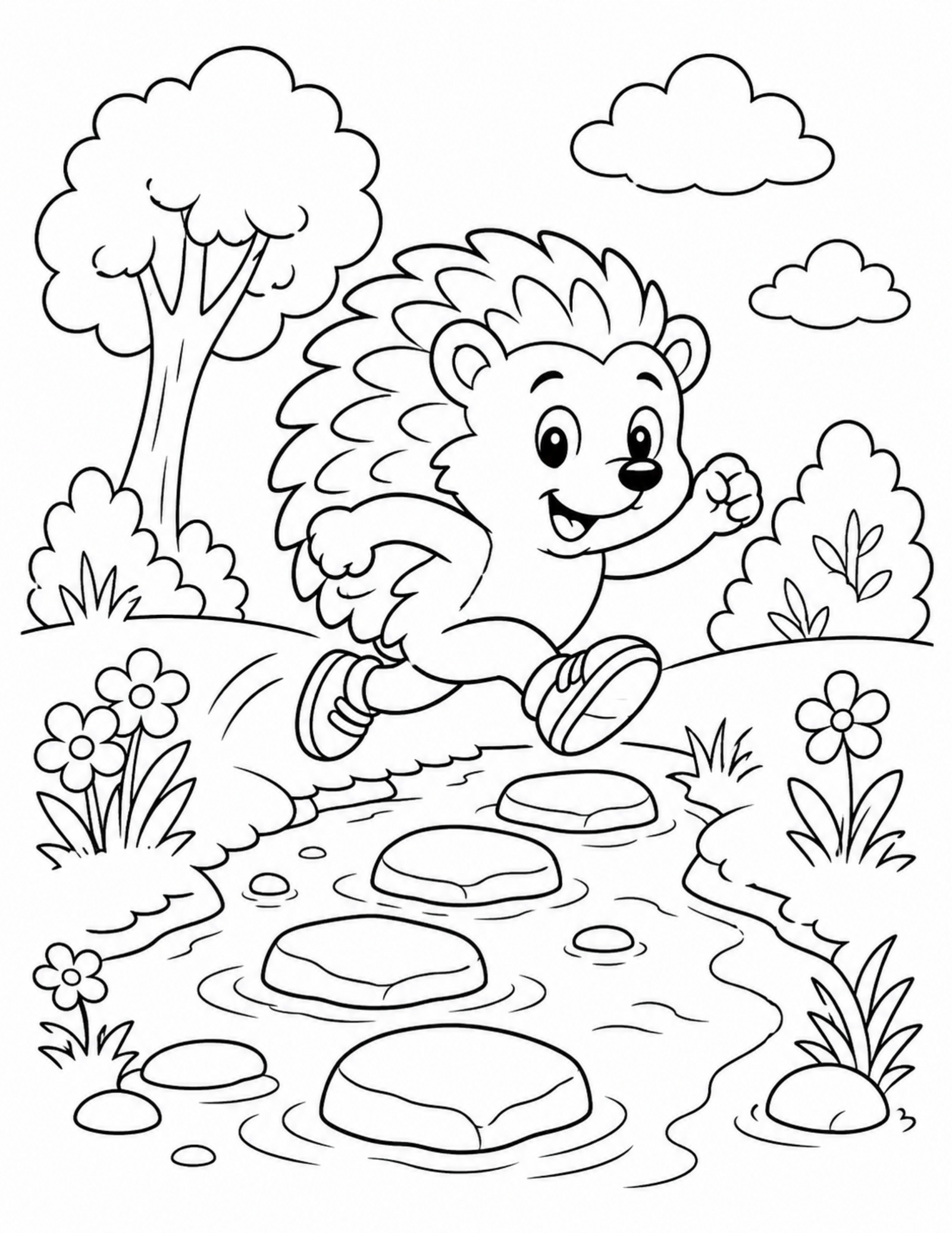 Sonic coloring pages printable style original hedgehog jumping over a stream